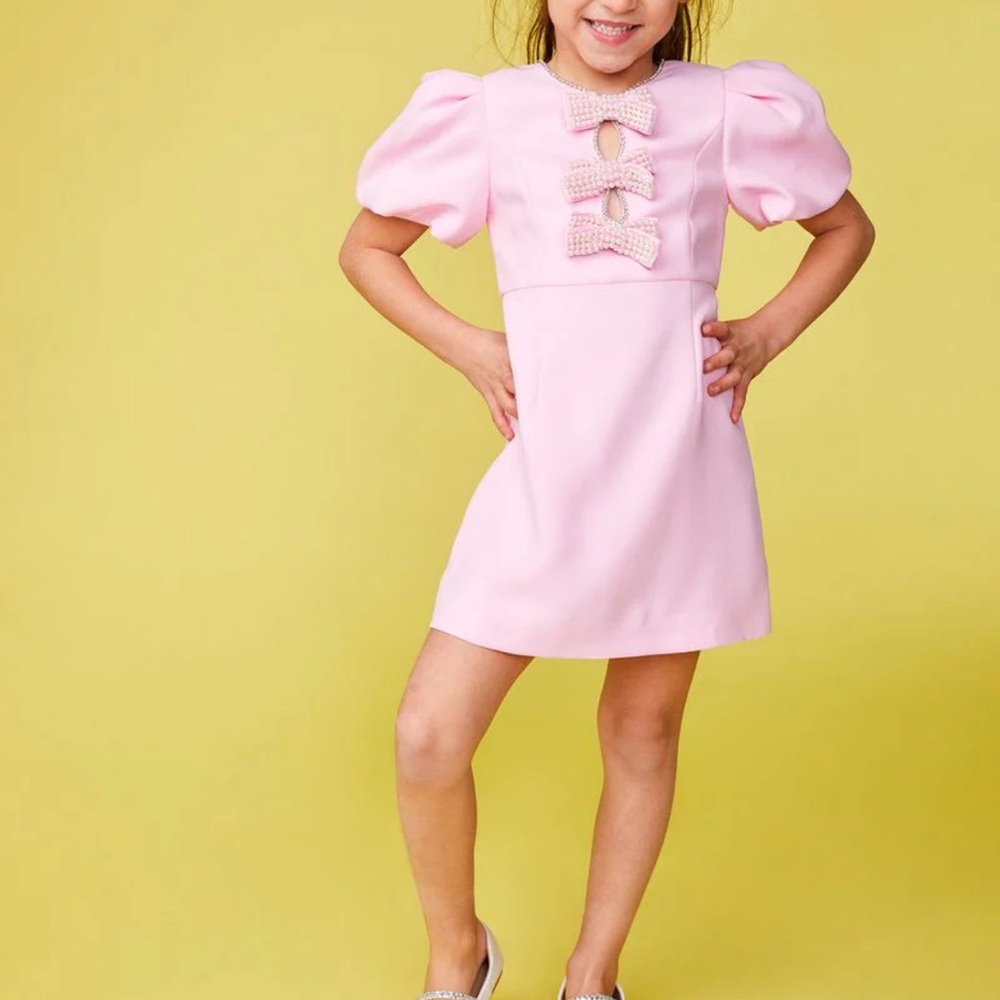 Mini Dreamers Angie Pink Pearl Bow Puff-Sleeve Formal Girls Dress